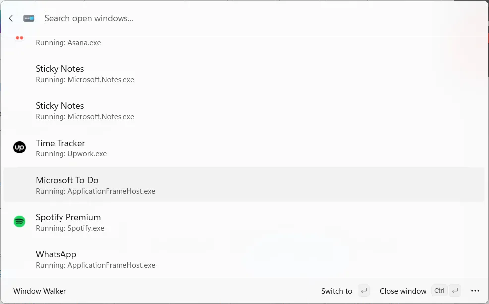 Sử dụng Windows Walker trong Command Palette để tìm kiếm và chuyển đổi giữa các cửa sổ đang mở trên Windows.
