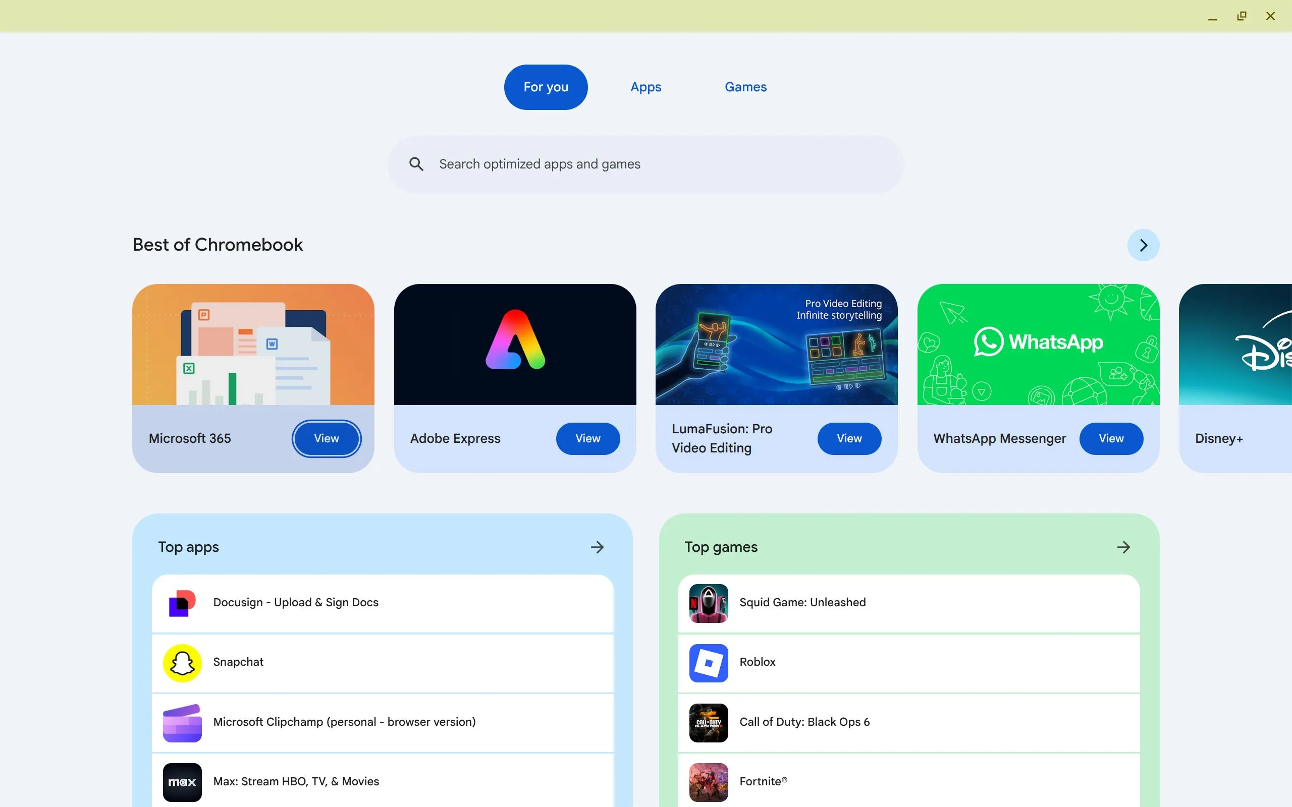 Tab &quot;Dành cho bạn&quot; trong ứng dụng Apps &amp; Games trên Chromebook