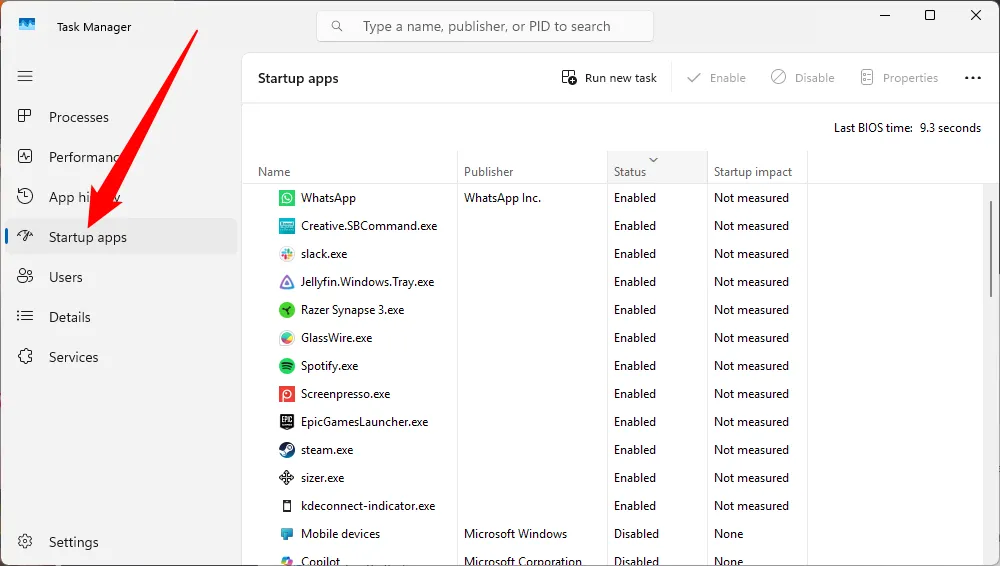 Tab Ứng dụng Khởi động (Startup Apps) trong Task Manager để kiểm tra phần mềm độc hại