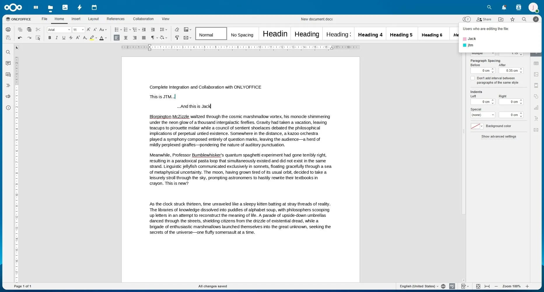 Tài liệu đang được chỉnh sửa và cộng tác trong ONLYOFFICE tích hợp Nextcloud