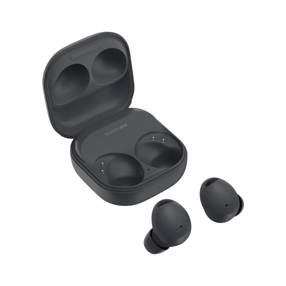 Tai nghe không dây Samsung Galaxy Buds 2 Pro màu đen đặt trên bề mặt phẳng, nổi bật thiết kế công thái học