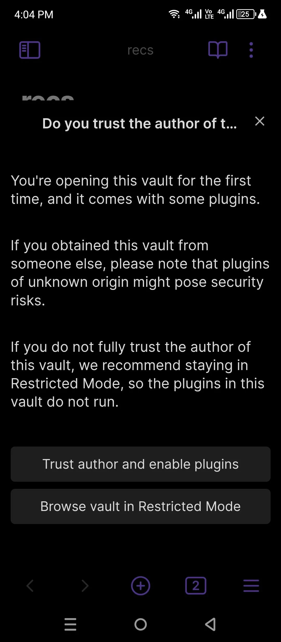 Tải thư mục vault Obsidian đã đồng bộ từ đám mây trên ứng dụng điện thoại.