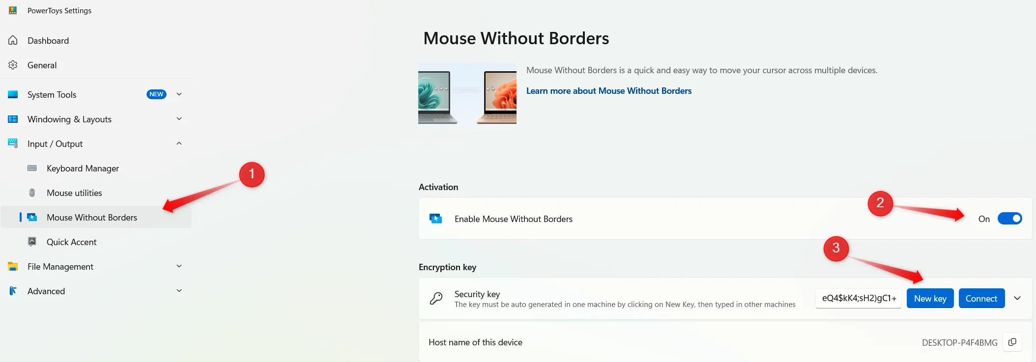 Tạo khóa mới để ghép nối hai thiết bị bằng tính năng Mouse Without Borders trong ứng dụng PowerToys trên Windows.