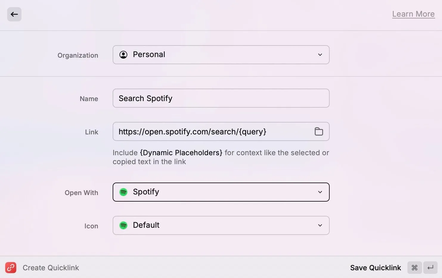 Tạo Quicklink tùy chỉnh để tìm kiếm bài hát trên ứng dụng Spotify thông qua Raycast