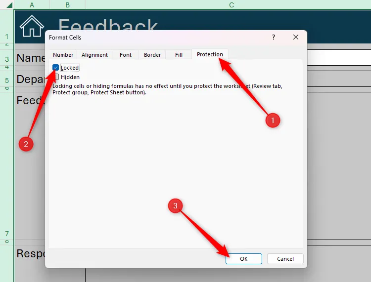 Tất cả ô trong bảng tính Excel được chọn và tùy chọn &quot;Locked&quot; (Khóa) được đánh dấu trong tab &quot;Protection&quot; (Bảo vệ) của hộp thoại Format Cells