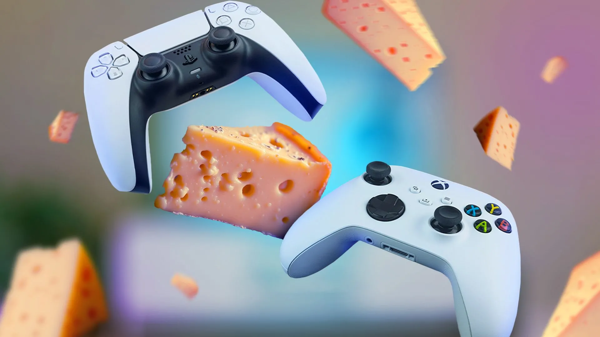 Tay cầm PS5 và Xbox Series S, tượng trưng cho những chiến lược &quot;cheesing&quot; trong game giúp vượt qua các thử thách khó khăn.