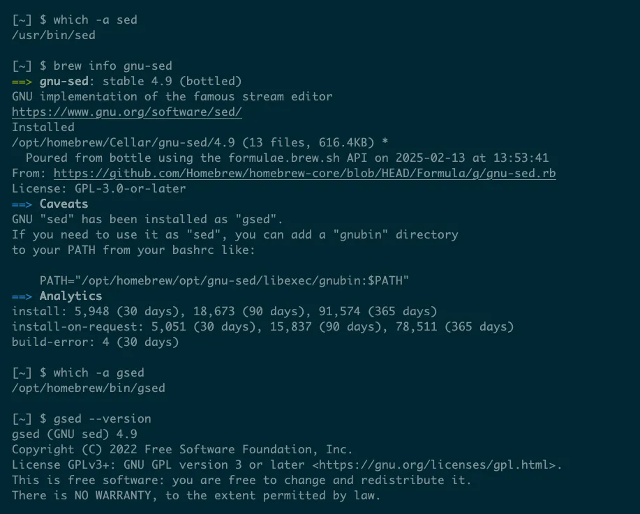 Terminal macOS cho thấy quá trình cài đặt gsed bằng Homebrew và kiểm tra đường dẫn của gsed
