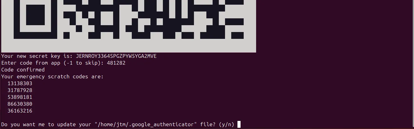 Terminal Ubuntu hiển thị các mã khẩn cấp (scratch codes) dự phòng cho Google Authenticator