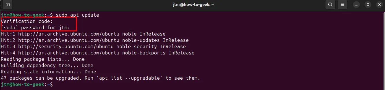 Terminal Ubuntu xác nhận các lệnh sudo hiện yêu cầu mã xác thực 2FA và mật khẩu