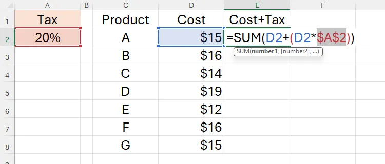 Tham chiếu tương đối A2 trong Excel được chuyển thành tham chiếu tuyệt đối với dấu đô la