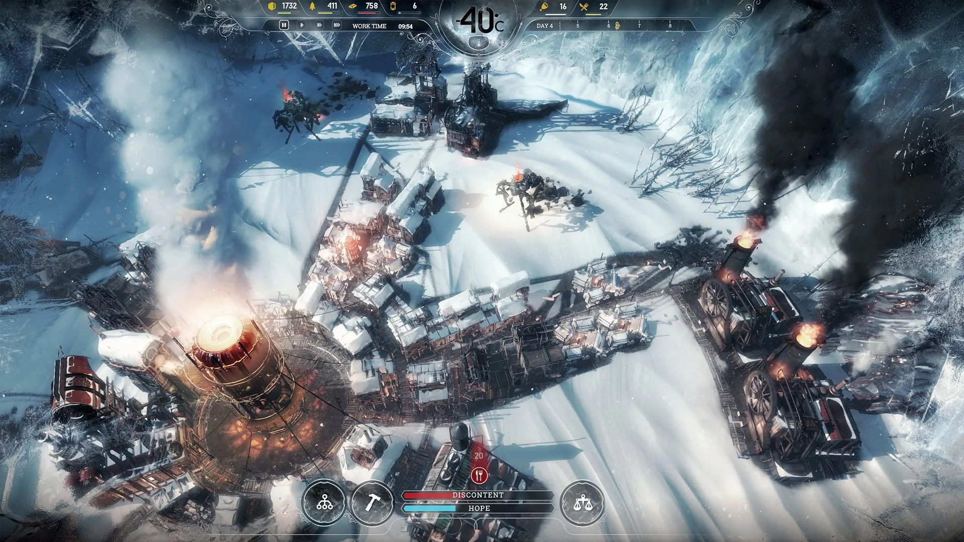 Thành phố băng giá trong Frostpunk, nơi người chơi phải sinh tồn qua khắc nghiệt của Survival City Builders