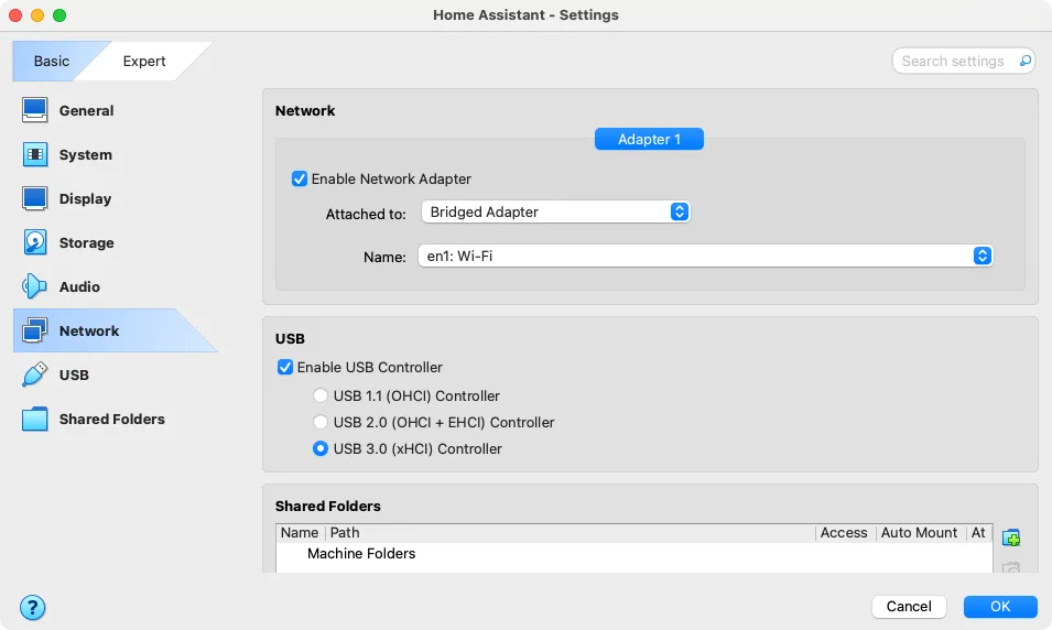 Thay đổi cài đặt mạng sang Bridged Adapter cho máy ảo Home Assistant trong VirtualBox để kết nối mạng cục bộ.
