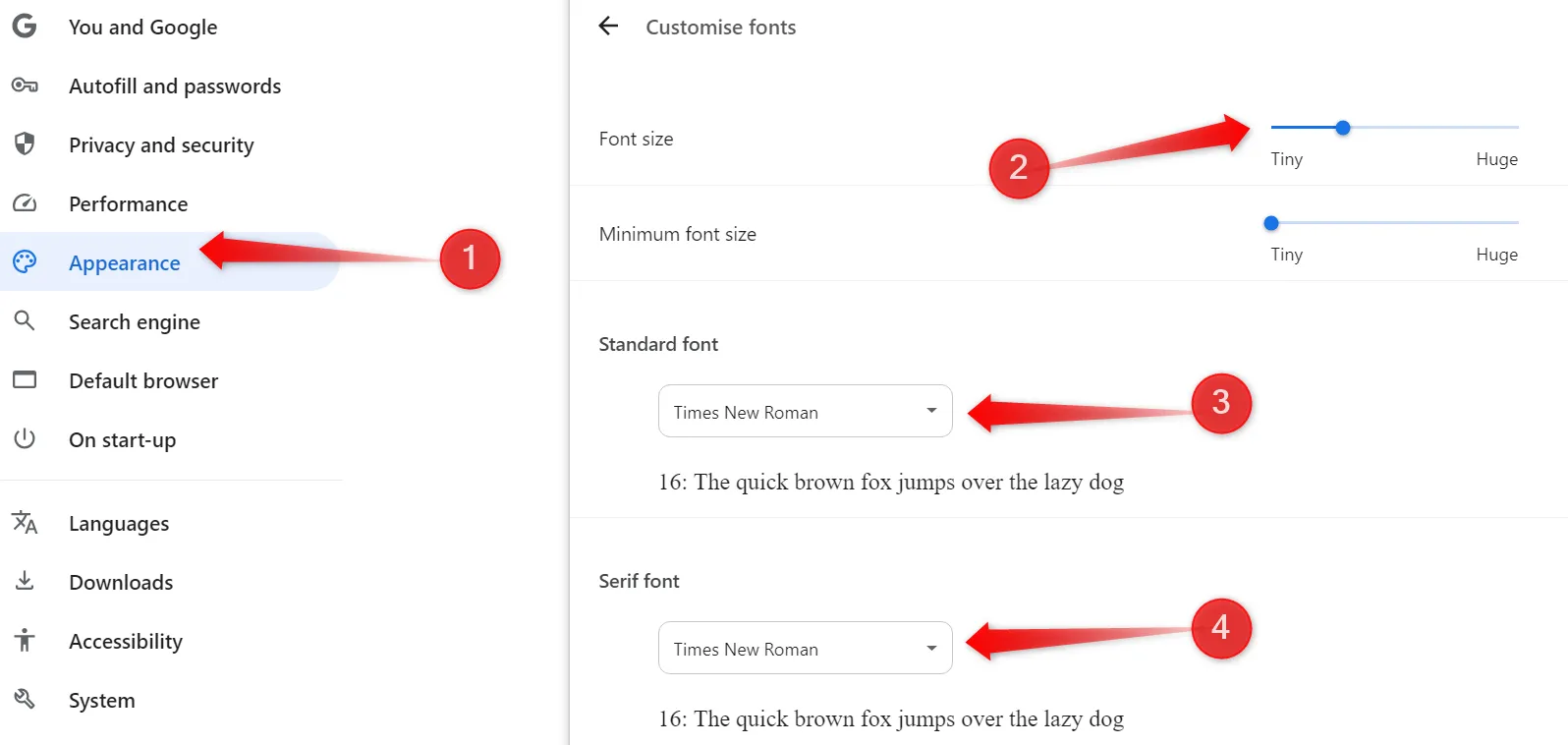 Thay đổi kích thước và kiểu phông chữ trong cài đặt Chrome