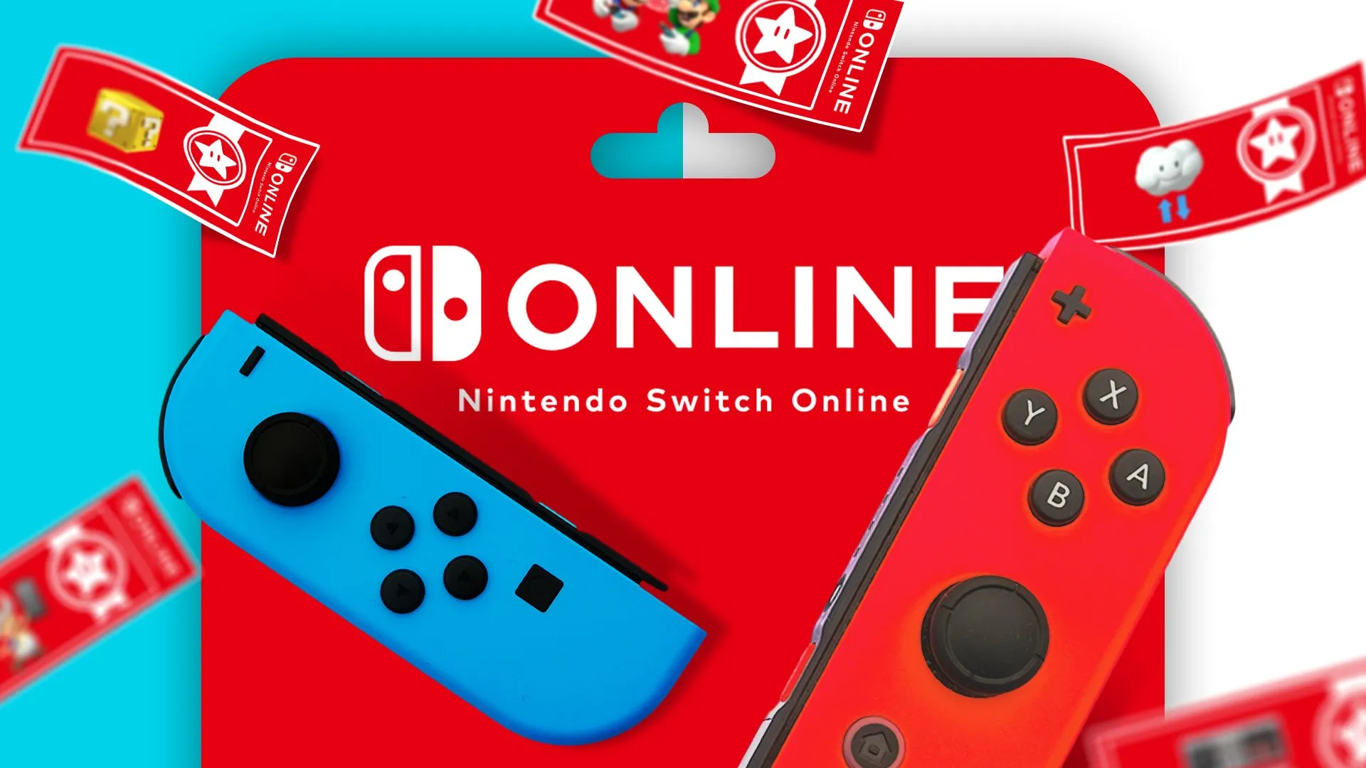 Thẻ quà tặng Nintendo Online, phiếu giảm giá và hai tay cầm Joy-Con tượng trưng cho Nintendo Switch Game Vouchers