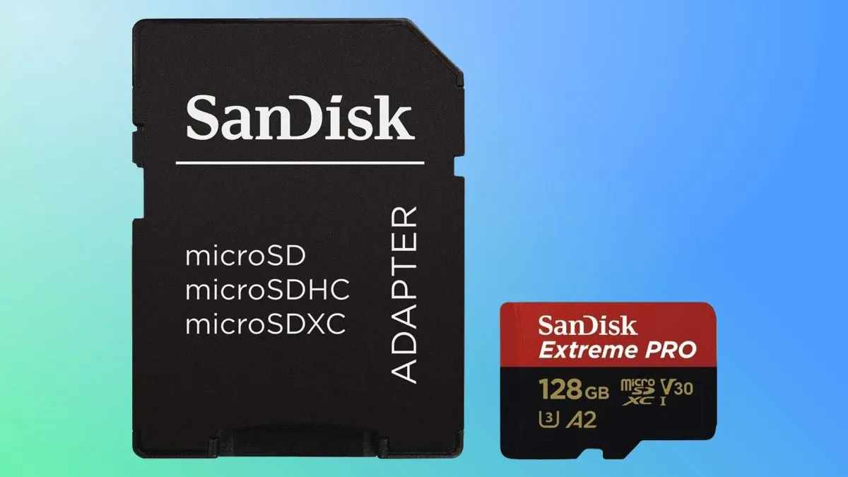 Thẻ Sandisk Extreme Pro trên nền xanh và xanh lá cây