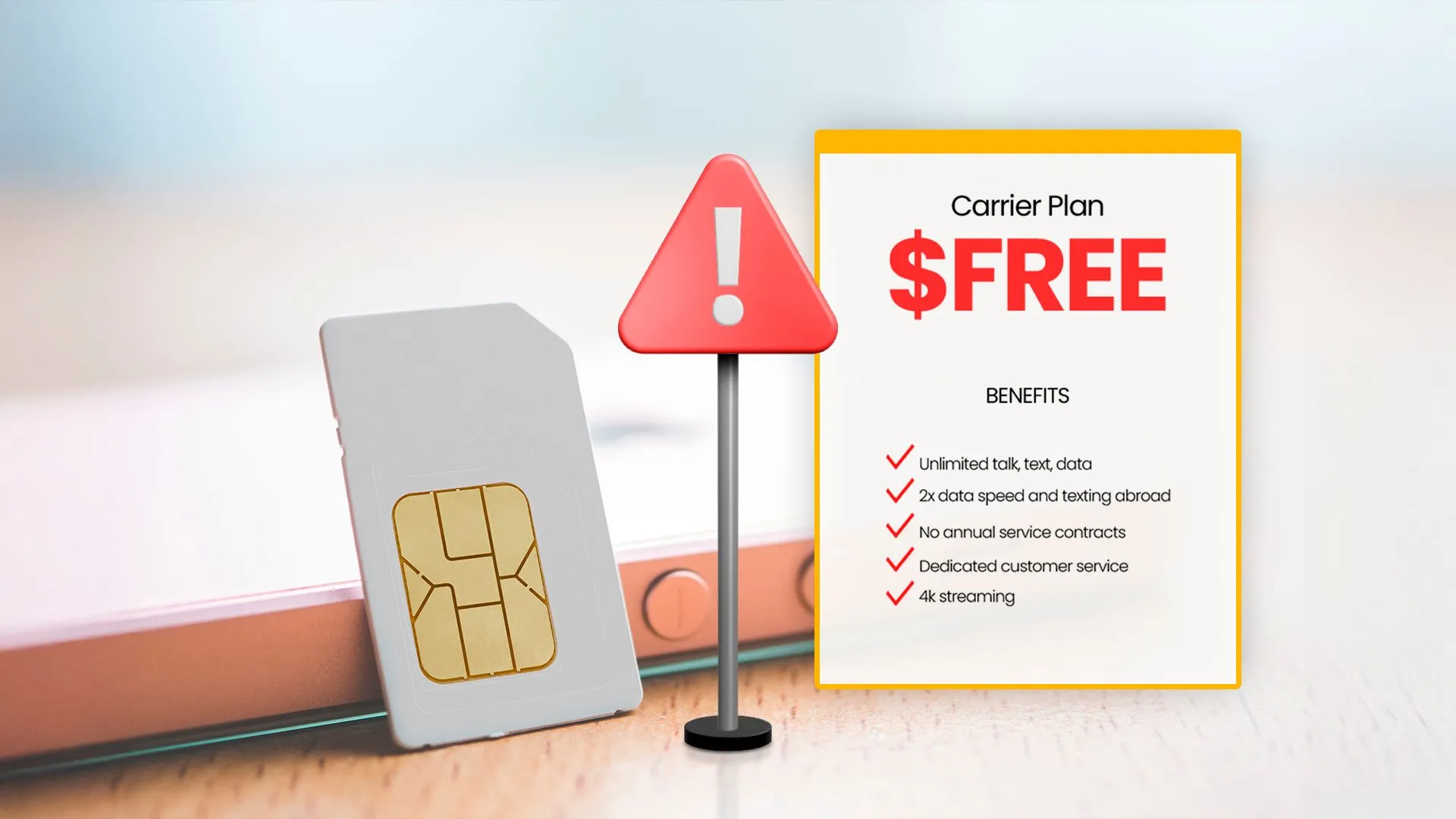 Thẻ SIM, điện thoại và biển báo cảnh báo tượng trưng cho những điều khoản ẩn trong các gói cước nhà mạng