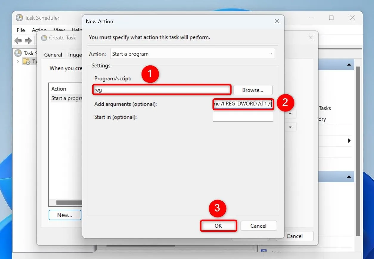 Thêm hành động Reg Add thứ hai để bật chế độ sáng cho ứng dụng trong Task Scheduler