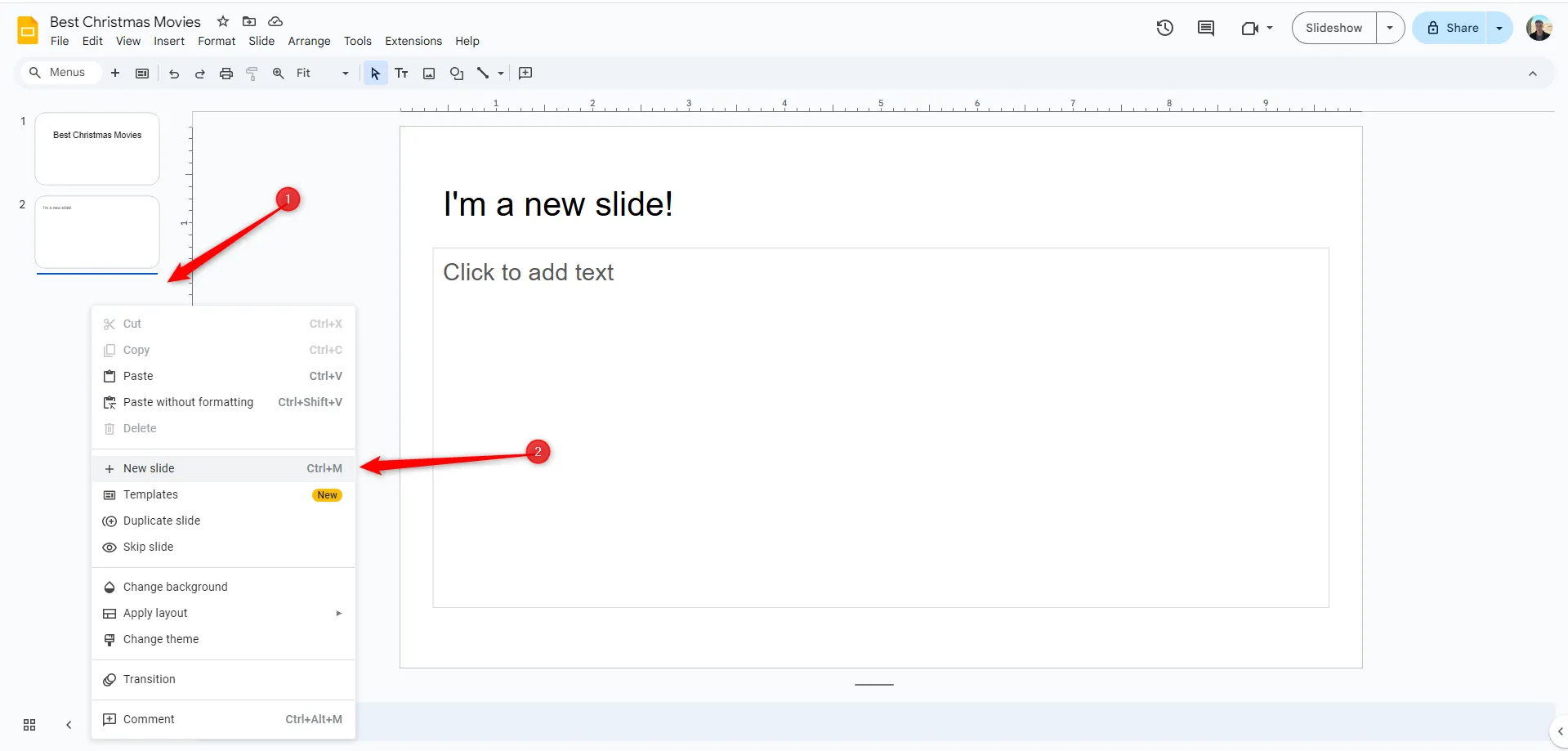 Thêm slide mới bằng cách chuột phải vào thanh bên Google Slides