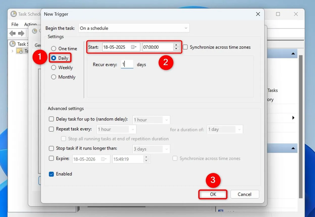 Thêm trình kích hoạt hằng ngày cho tác vụ bật theme sáng trên Windows 11