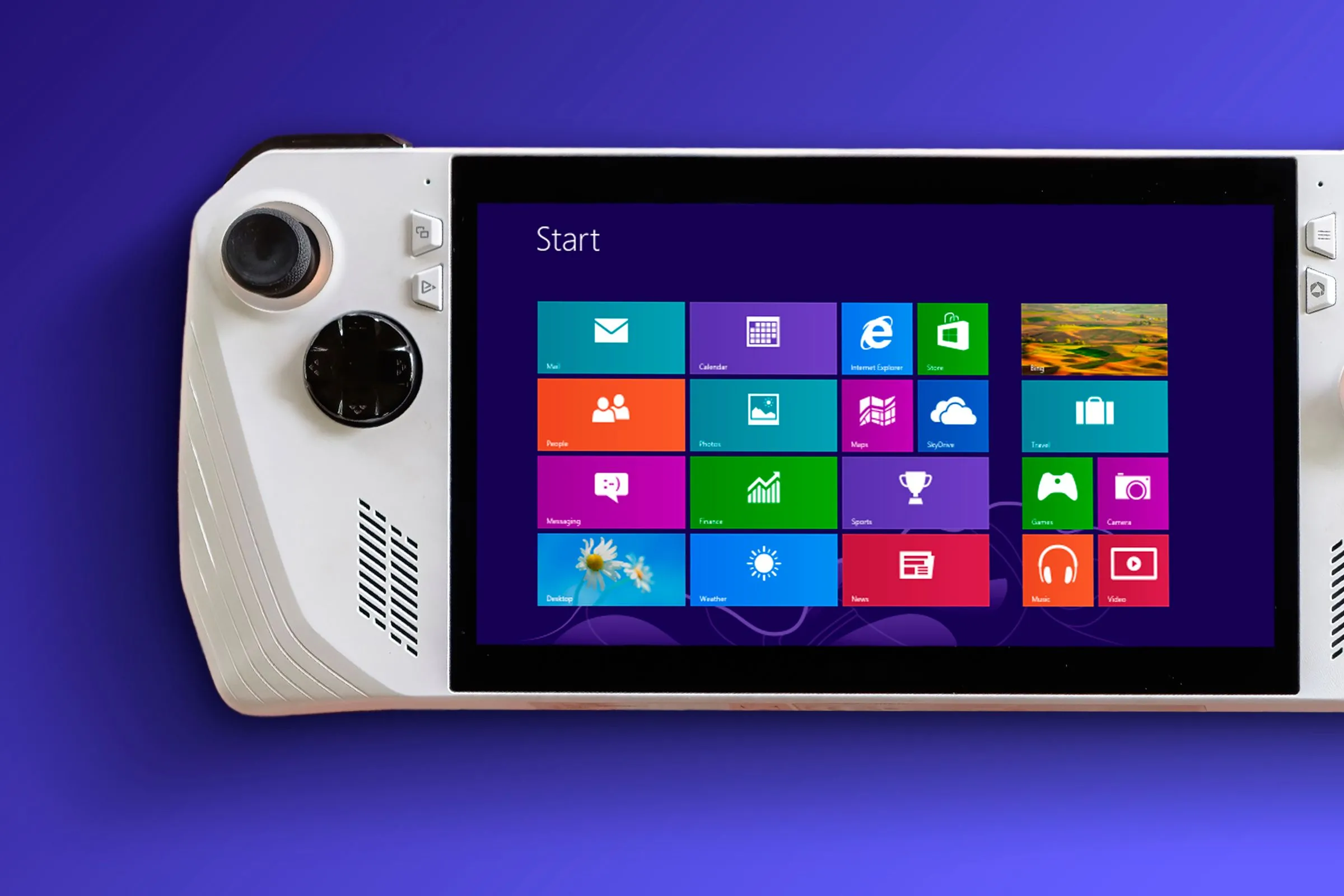 Thiết bị ASUS ROG Ally với giao diện Windows 8 Metro UI, làm nổi bật sự khác biệt so với trải nghiệm gaming handheld mới