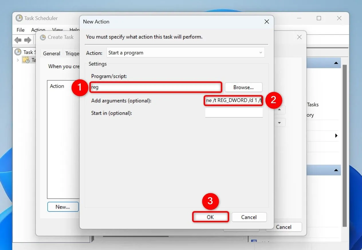 Thiết lập hành động Reg Add để bật chế độ sáng cho hệ thống trong Task Scheduler
