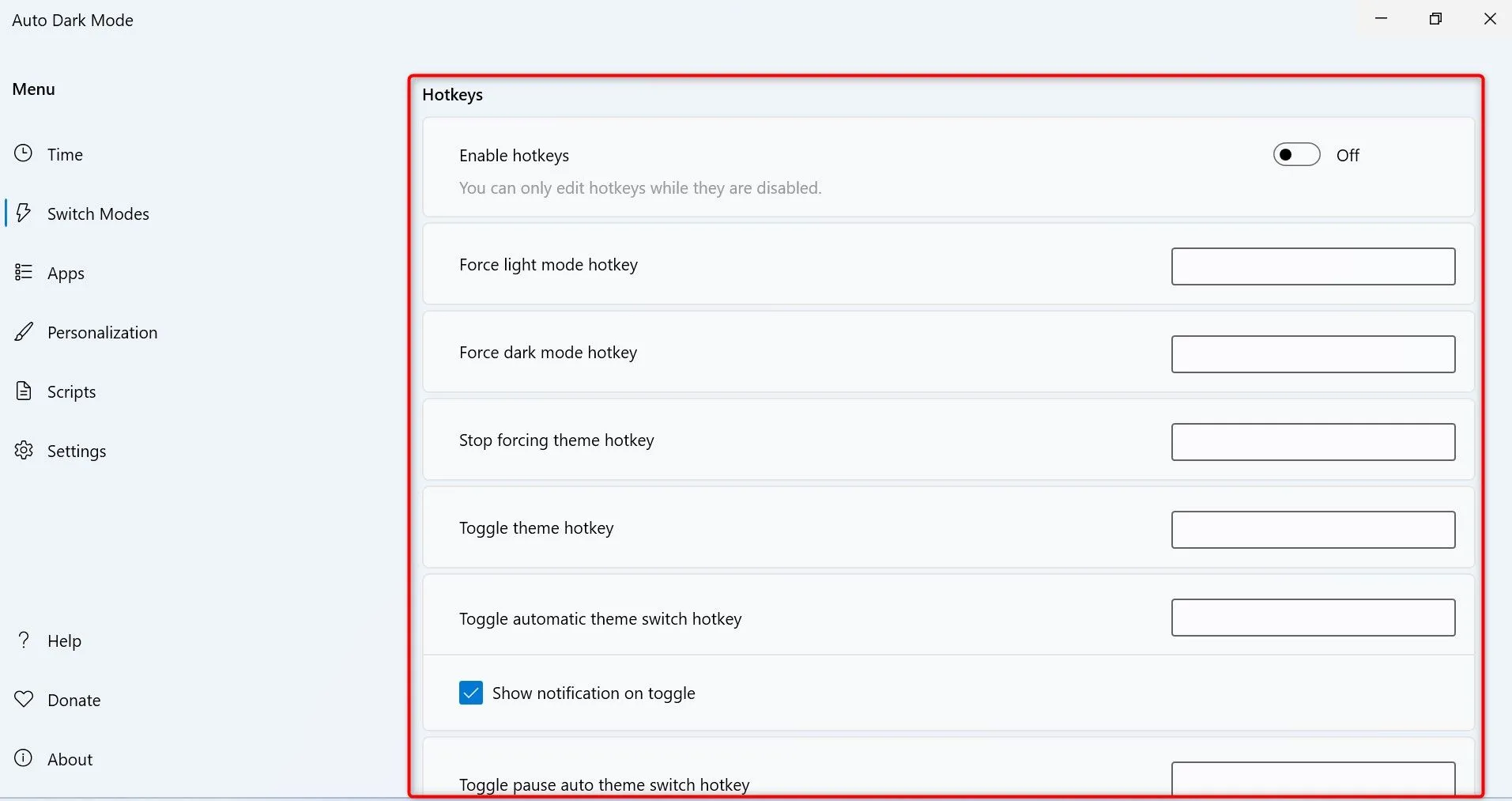 Thiết lập phím tắt (Hotkey) để chuyển đổi nhanh giữa theme sáng và tối trong Auto Dark Mode