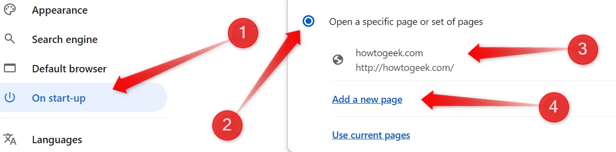Thiết lập trang web cụ thể để mở khi khởi động Chrome