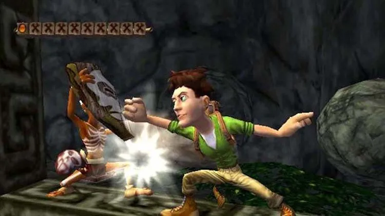 Thợ săn kho báu Harry của Pitfall: The Lost Expedition đối mặt với kẻ thù đeo mặt nạ trong khu rừng nhiệt đới.