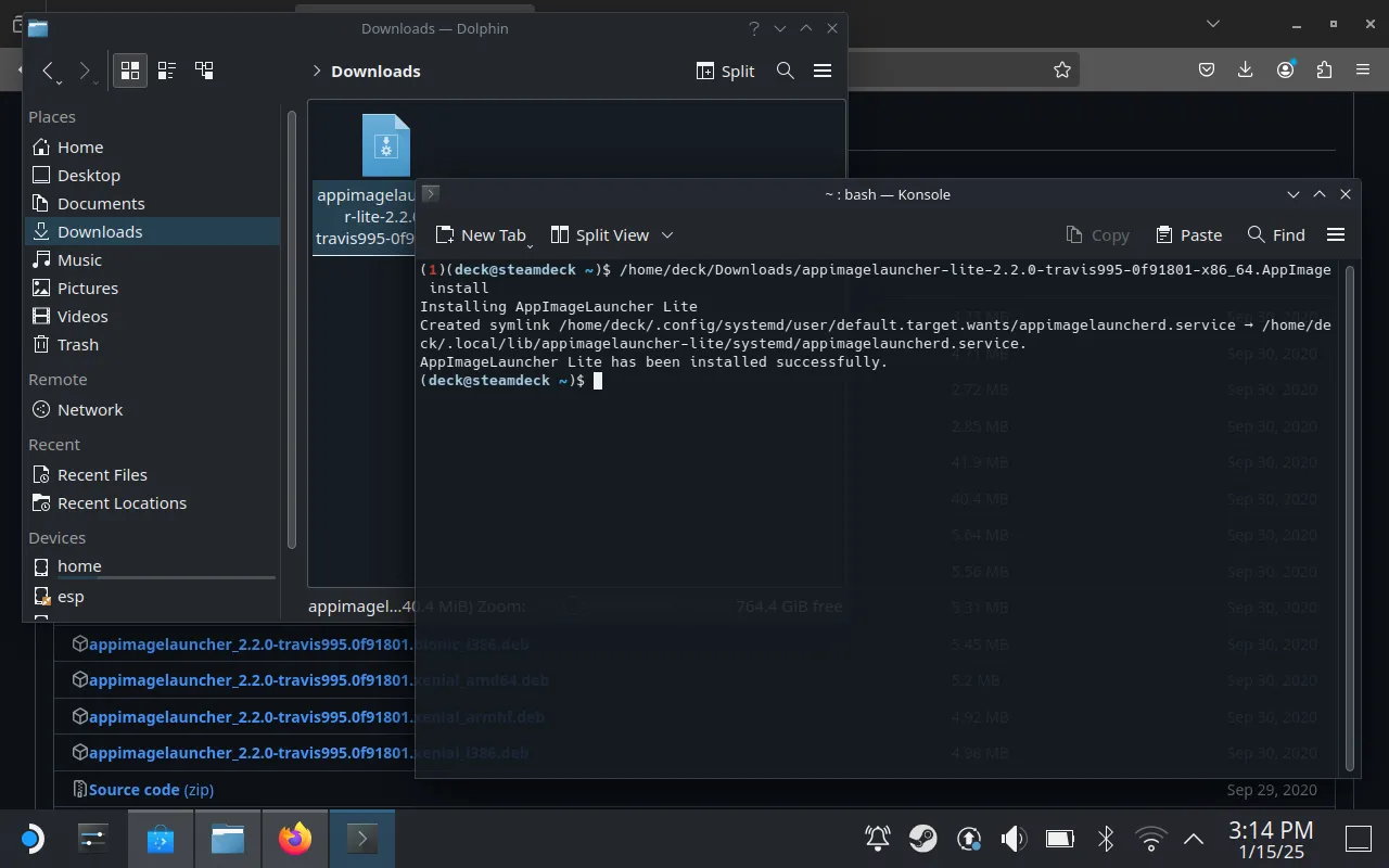 Thông báo AppImageLauncher đã được cài đặt thành công trên Steam Deck