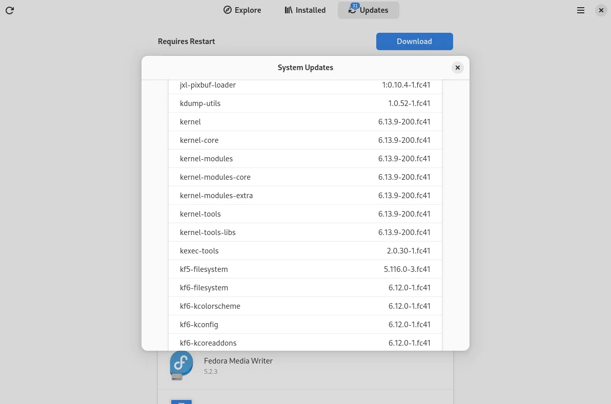 Thông báo cập nhật hệ thống trong Fedora GNOME Software