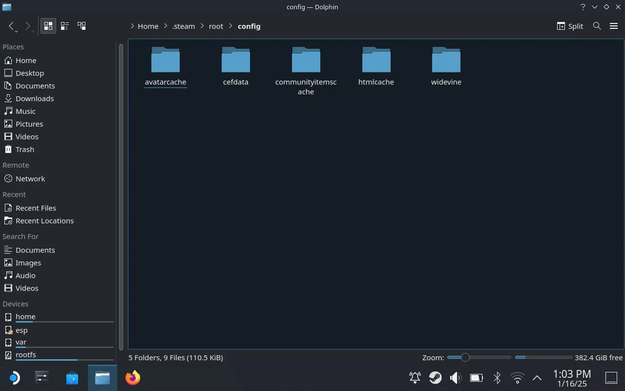 Thư mục config trong Trình quản lý Tệp ở chế độ máy tính Steam Deck