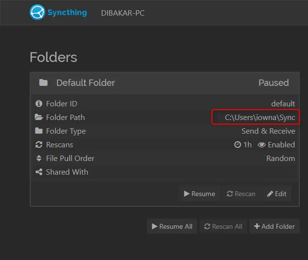 Thư mục &quot;Default Folder&quot; được tạo sẵn trong giao diện Syncthing trên PC.
