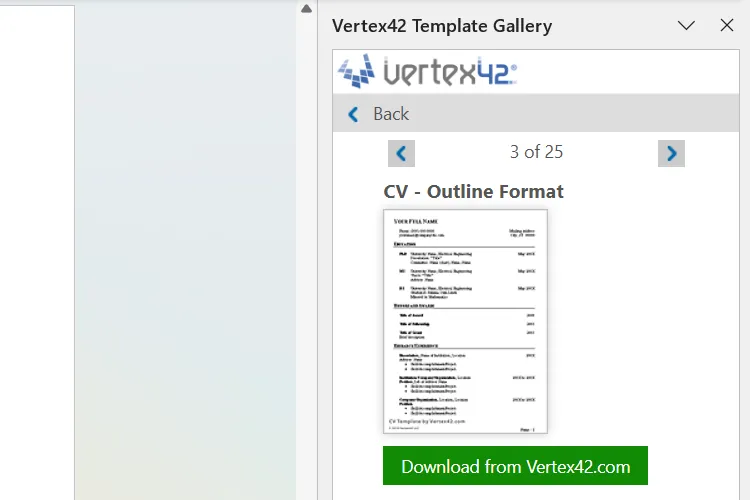 Thư viện mẫu Vertex42 hiển thị các mẫu tài liệu đa dạng cho Microsoft Word
