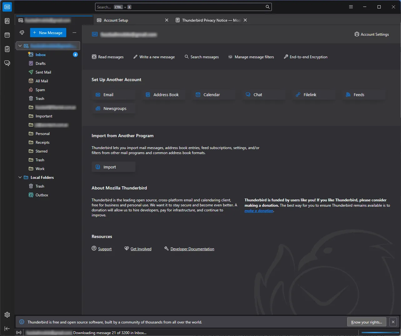 Thunderbird đang chạy trên Windows hiển thị màn hình khởi động ban đầu