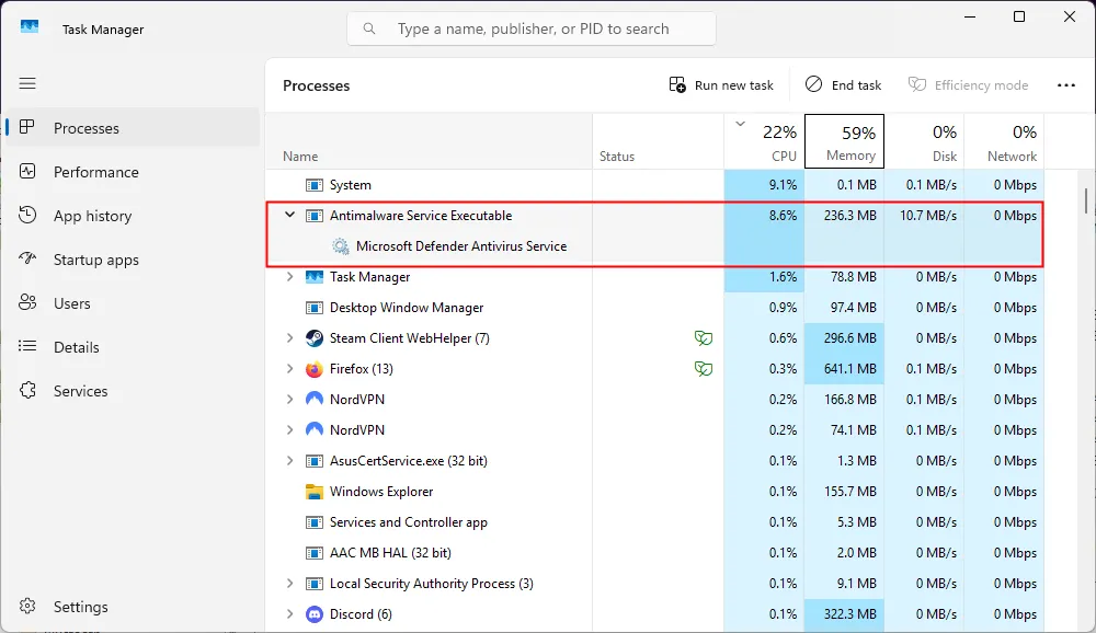 Tiến trình quét Antimalware Service Executable đang hoạt động trong Task Manager