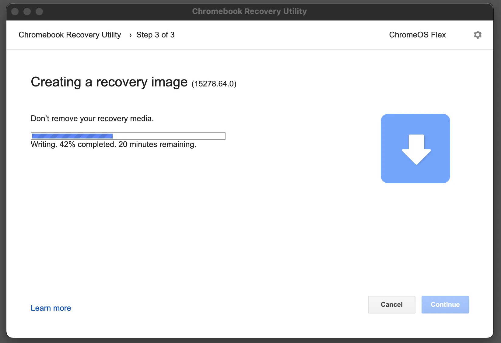 Tiến trình sao chép hình ảnh khôi phục ChromeOS Flex vào ổ đĩa USB, chuẩn bị cho việc cài đặt hệ điều hành nhẹ.