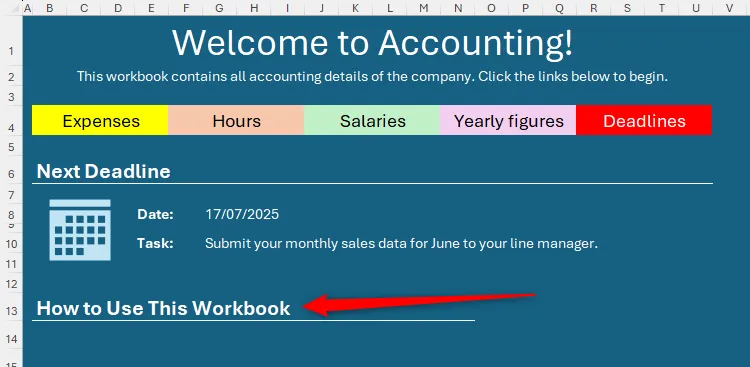 Tiêu đề phụ 'Cách Sử Dụng Workbook Này' được thêm vào trang chủ Excel, chuẩn bị cho phần hướng dẫn.
