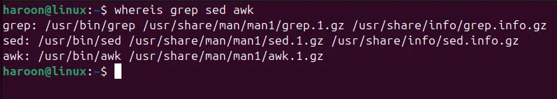 Tìm đường dẫn của nhiều lệnh (grep, sed, awk) cùng lúc bằng tiện ích whereis trên Linux