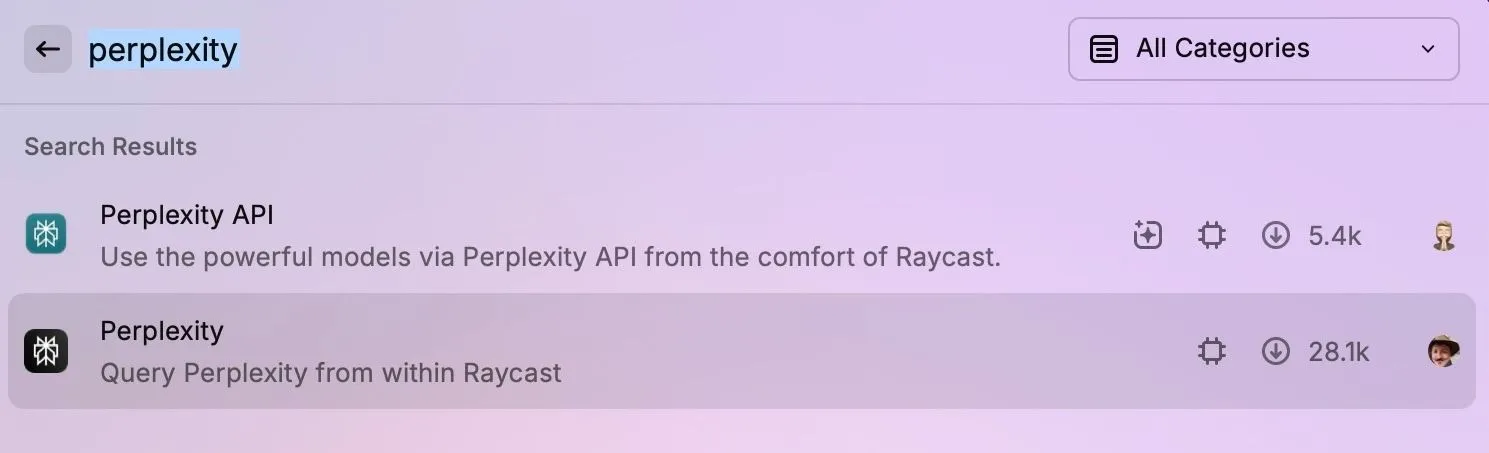 Tìm kiếm và cài đặt tiện ích chatbot Perplexity AI từ cửa hàng Raycast