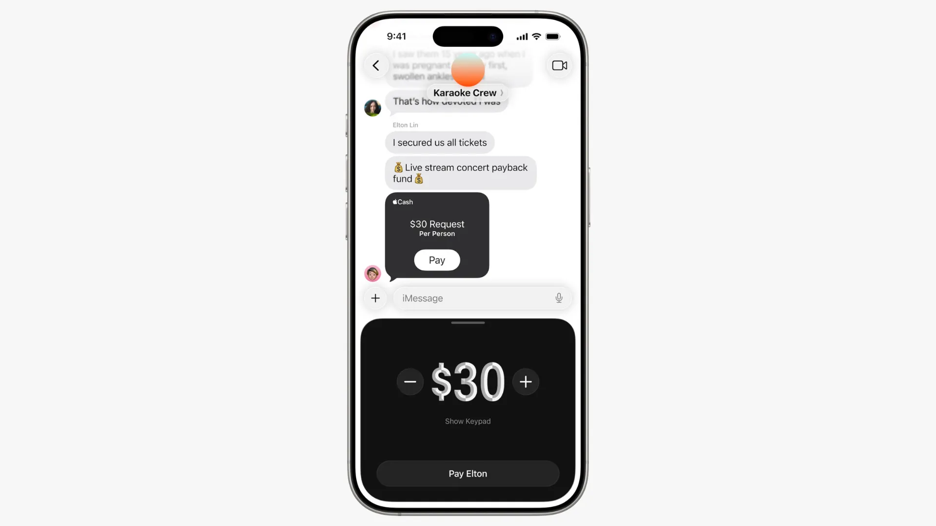 Tin nhắn yêu cầu thanh toán qua Apple Cash được tích hợp trực tiếp trong nhóm chat Apple Messages trên iOS 26, giúp chia sẻ chi phí và thu tiền dễ dàng.
