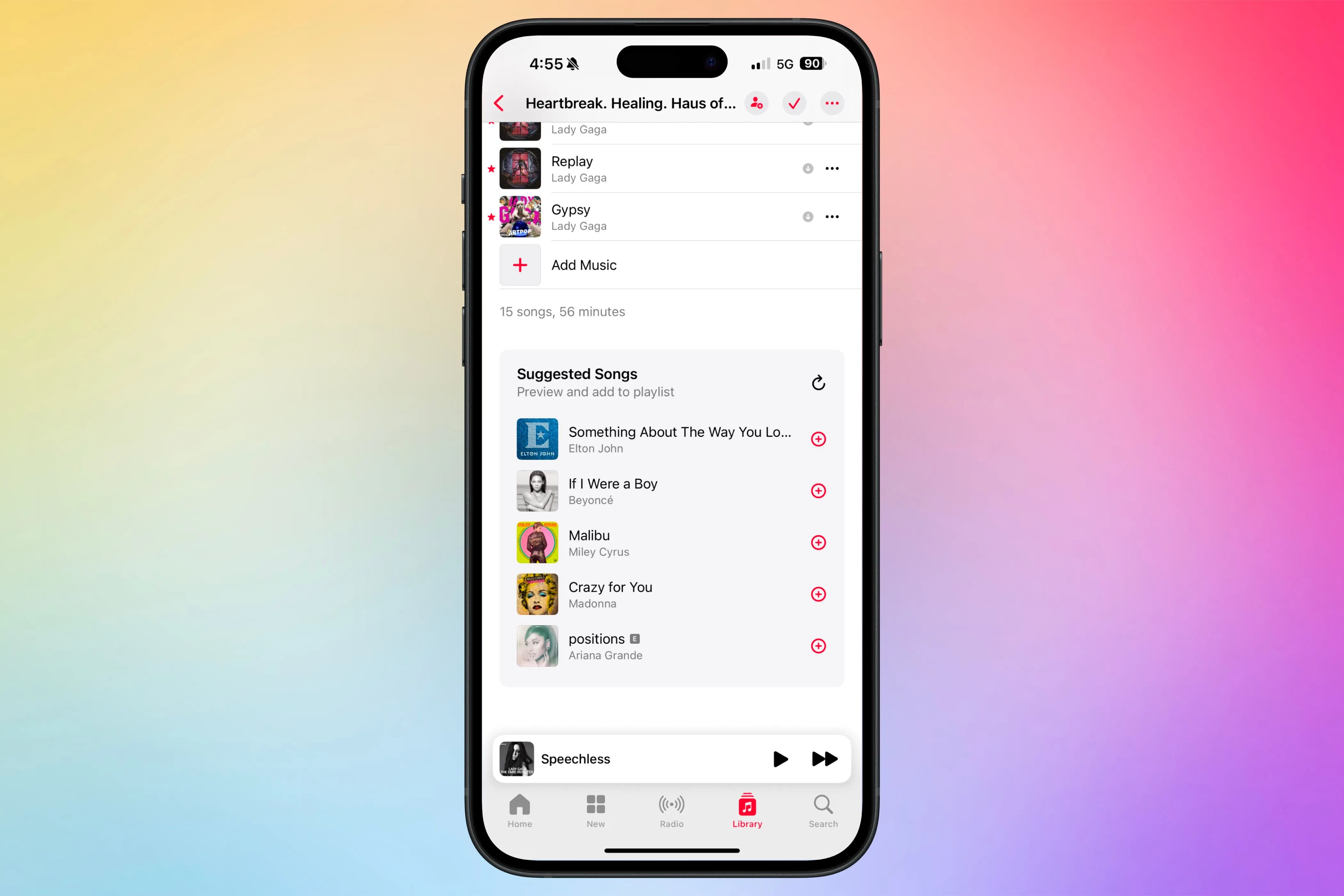Tính năng Bài hát gợi ý (Suggested Songs) hiển thị ở cuối danh sách phát trong ứng dụng Apple Music, giúp người dùng khám phá thêm các ca khúc phù hợp.