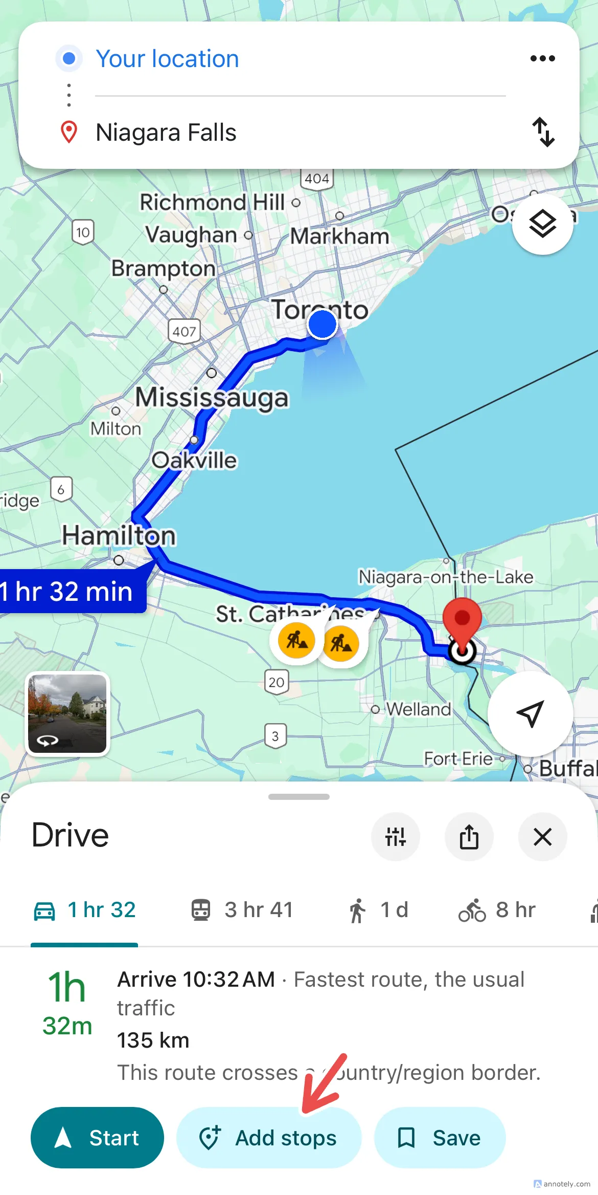 Tính toán thời gian lái xe sau khi thêm điểm dừng vào lộ trình trên Google Maps