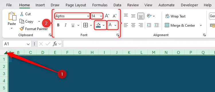 Toàn bộ các ô trong bảng tính Excel được chọn, tùy chỉnh phông chữ, kích thước, màu nền và màu chữ để tạo giao diện thống nhất.