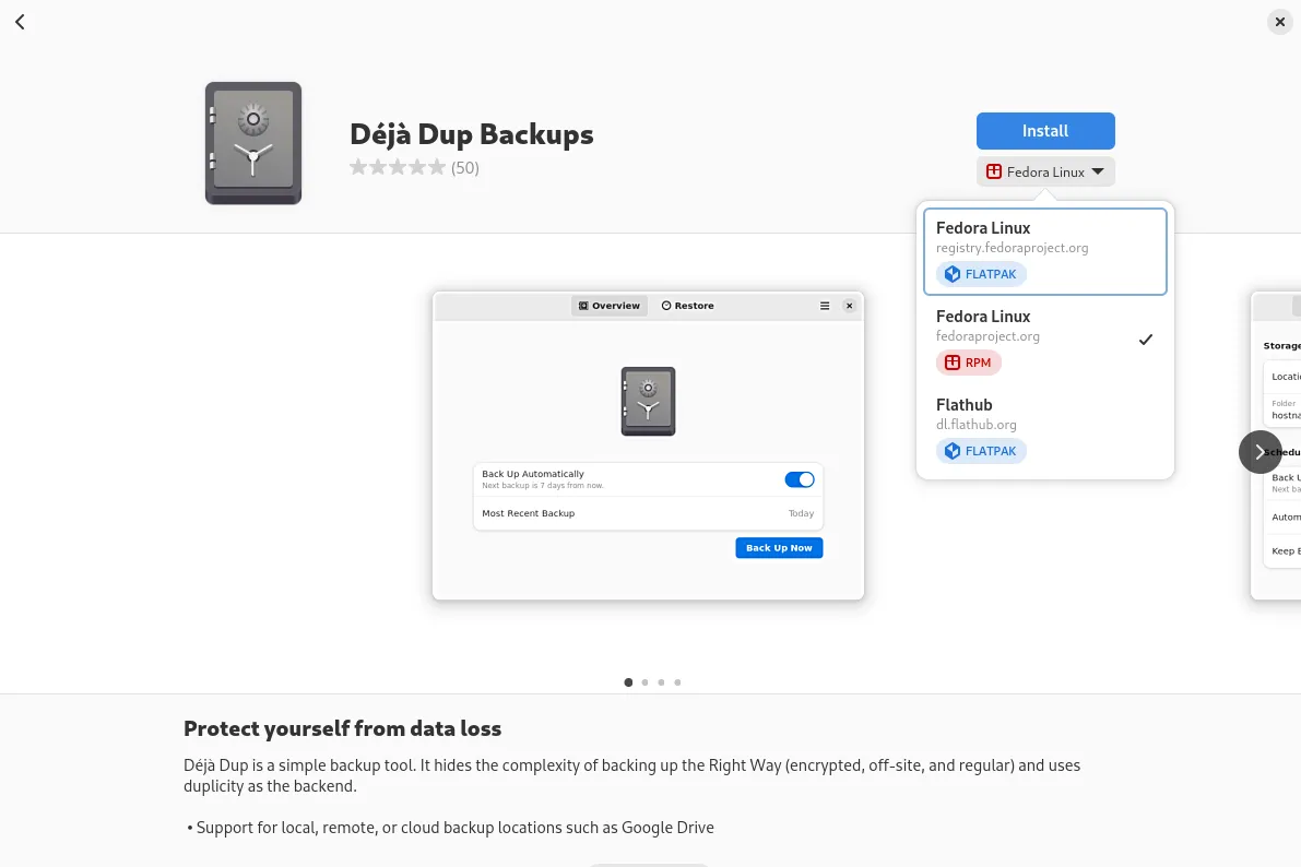 Tổng quan và mô tả về Déjà Dup trong trung tâm phần mềm GNOME, giới thiệu tính năng và lợi ích của ứng dụng sao lưu này.
