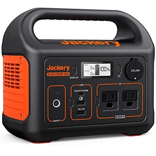 Trạm sạc di động Jackery Explorer 300 màu xanh cam, nhỏ gọn, tiện lợi cho cắm trại và dự phòng.
