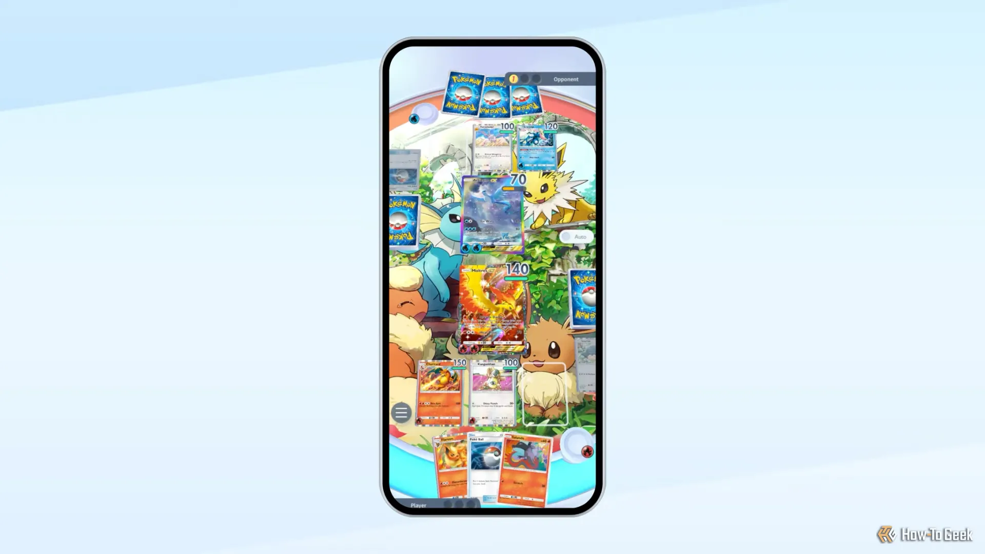 Trận đấu giữa Moltres và Articuno trong Pokémon TCG Pocket trên bàn đấu với hình ảnh Eevee