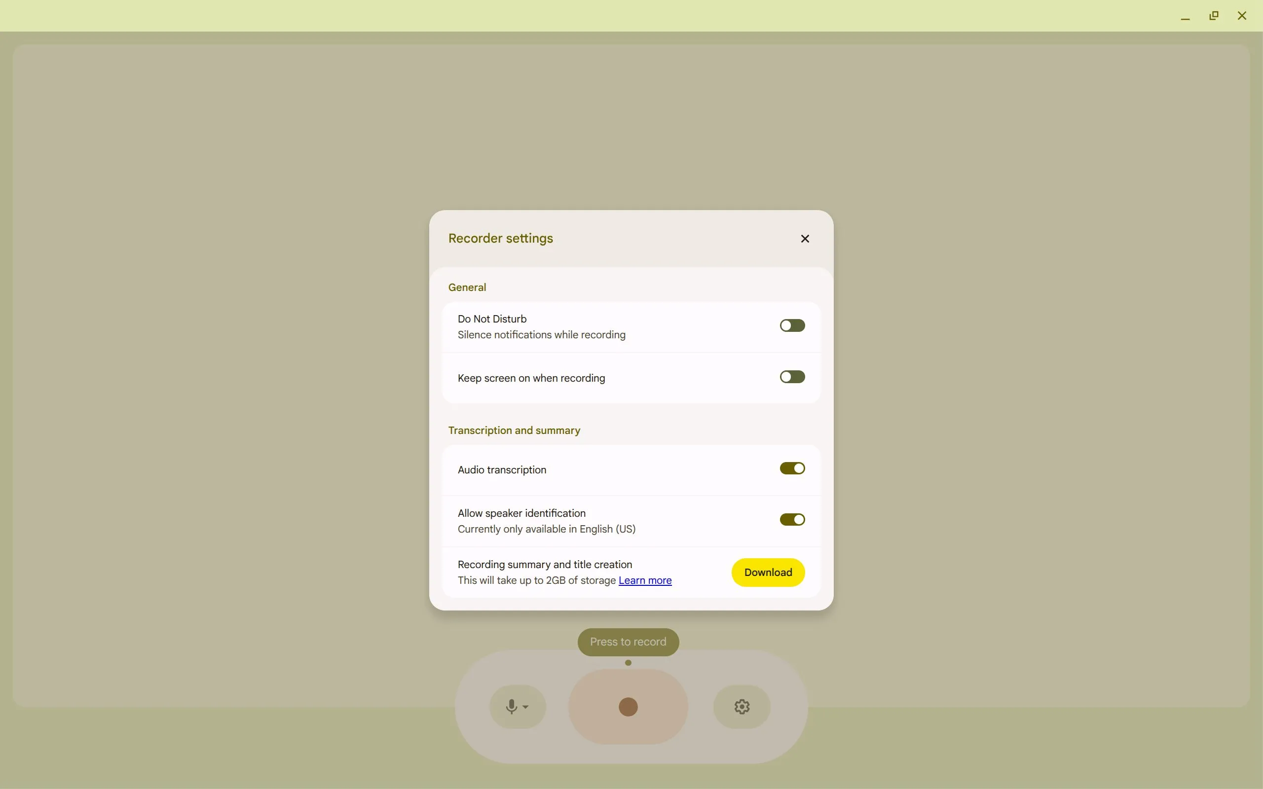 Trang Cài đặt trong ứng dụng Recorder trên Chromebook