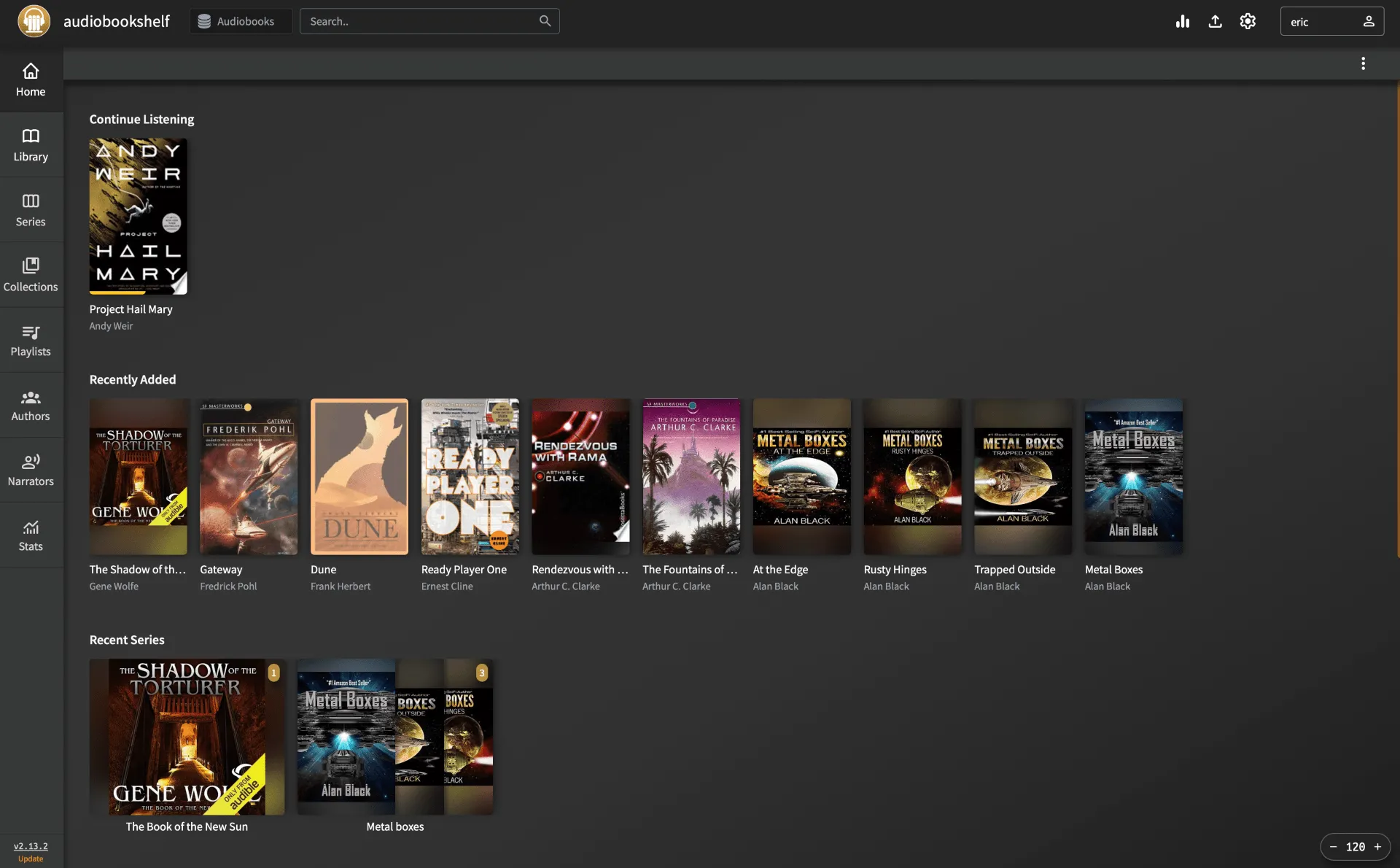 Trang chủ Audiobookshelf hiển thị sách nói đang nghe và thư viện, giải pháp tự host cho sách nói.