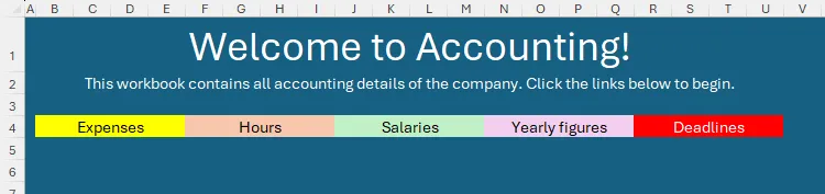 Trang chủ Excel với dải banner chứa tên các trang tính khác trong workbook, sẵn sàng để liên kết.