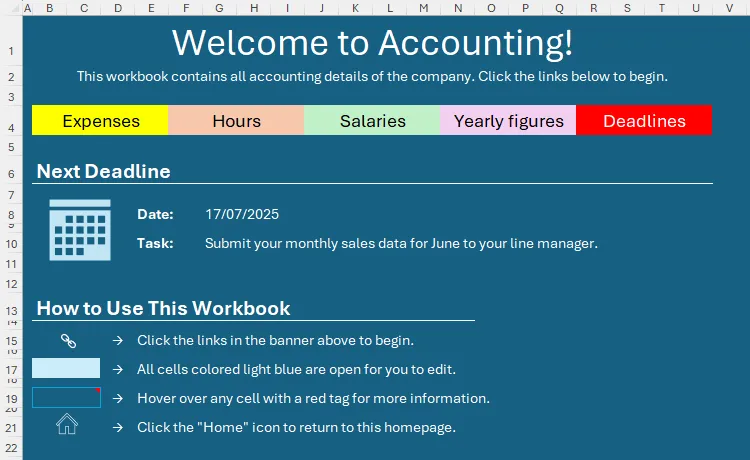 Trang chủ Excel với phần hướng dẫn người dùng cách sử dụng workbook, bao gồm các chỉ dẫn và biểu tượng minh họa.